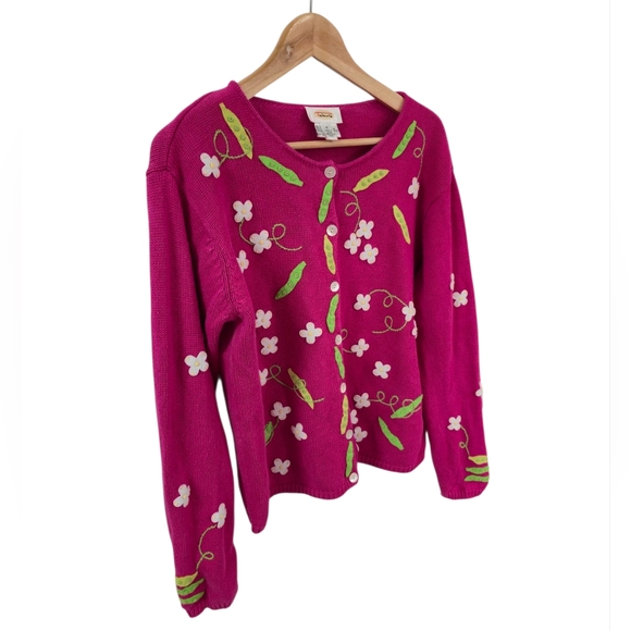 Talbots Pink Ramie Blend Cardigan Felt Sweet Peas Floral Embroidery Size Medium - Picture 3 of 13